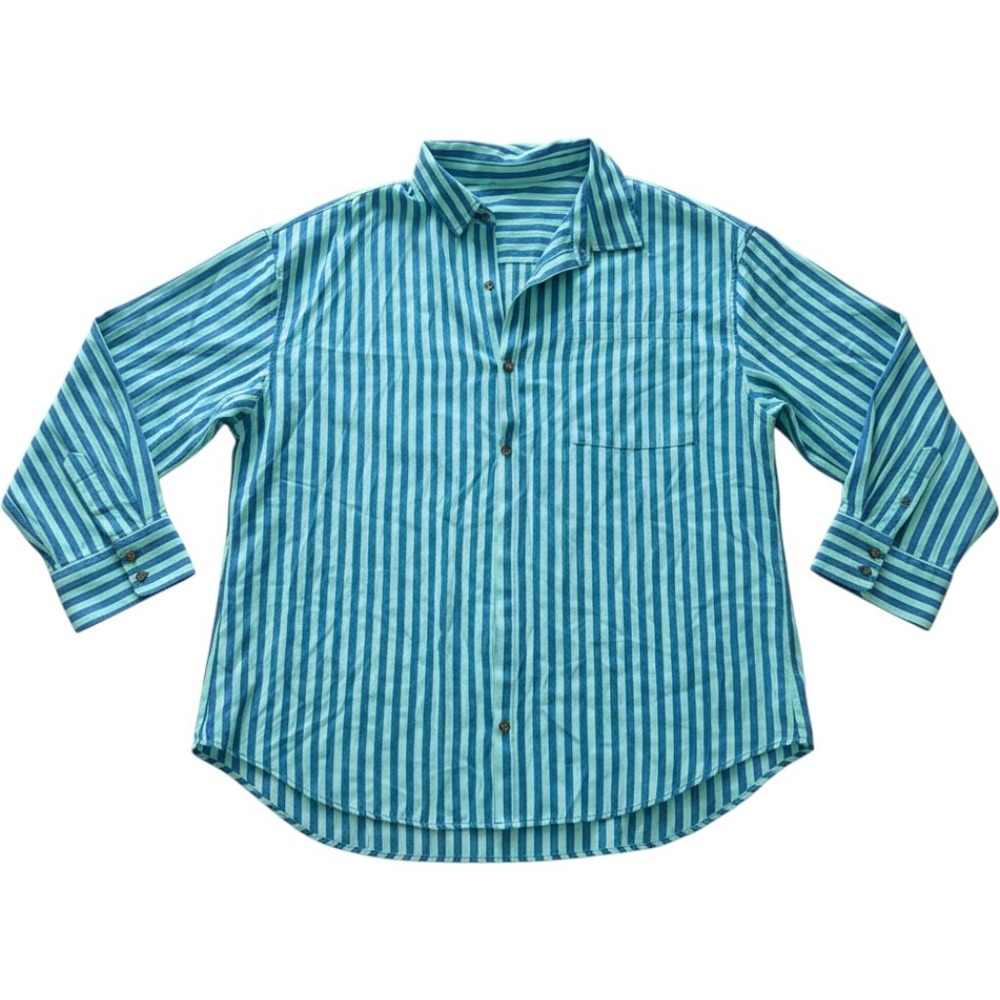 Blue Green Striped Button Down Shirt XL Relaxed Cotton oversized, swim cover-up